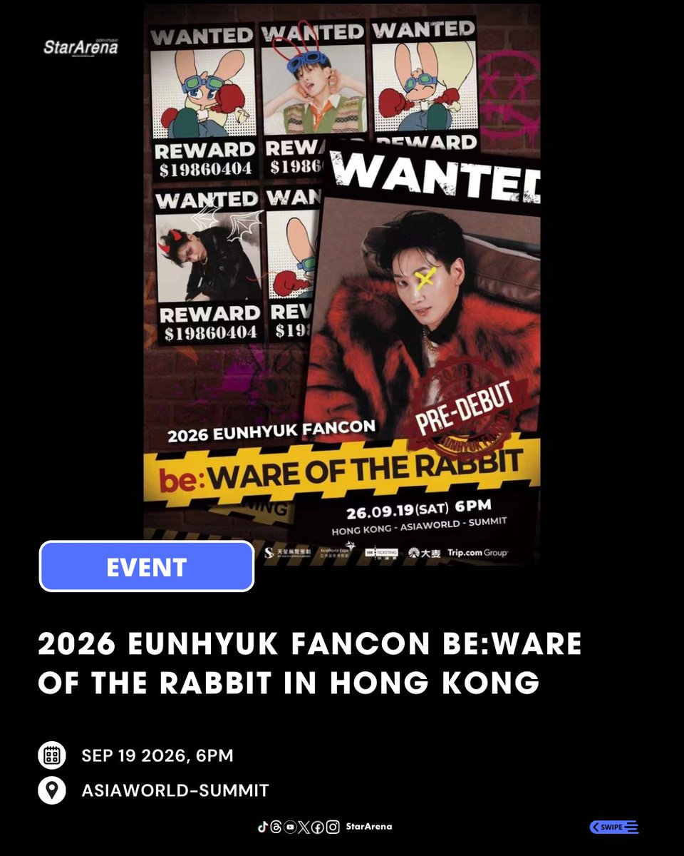 StarArena_'s tweet photo. 2026 EUNHYUK FANCON be:WARE OF THE RABBIT in HONG KONG

📅 SEP 19 2026, 6PM
📍 ASIAWORLD-SUMMIT
🎫 HKD $1,699 / $1,199 / $899

⏰ Public sale:
AUG 14 2026, 12NN
🔗 HK Ticketing, Damai, https://t.co/9f1NMQWF4D, Ctrip

@Wanxing_ent @SJ_DnE_official @AllRiseSilver 
#은혁 #EUNHYUK #銀赫 #EUNHYUKFANCON #beWAREOFTHERABBIT
