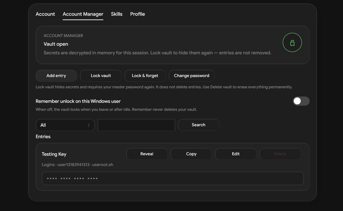 palmaierc's tweet photo. Quality of Life updates and new features are in the pipeline to be completed today. 

Notably, the Ask / Plan / Agent (execute) mode switches are now automated (see from the video).  You can also see the new LLM wiki in use if you watch closely.

A new feature which will be expanded on is "Vaults" within the Account tab.

This refers to safe storing of credentials used in applications, penetration testing or API switching or alike activities which should not be exposed to the LLM per se, but can be used for authorization stops. Think of it as an .env file within root that does not get shared.

This feature is in turn tied to the penetration testing features shipping with the OpSec plugin, which deserves its own post - more about that soon.

$PALM