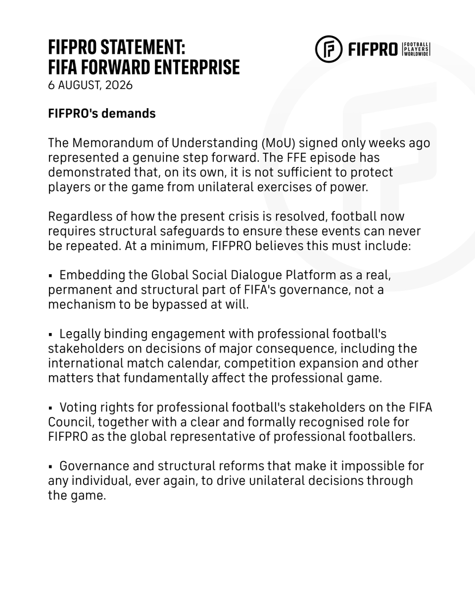 FIFPRO's tweet photo. FIFPRO Statement: FIFA Forward Enterprise 

Full statement: https://t.co/Dgr5J5B87h https://t.co/3hApR3w9LN