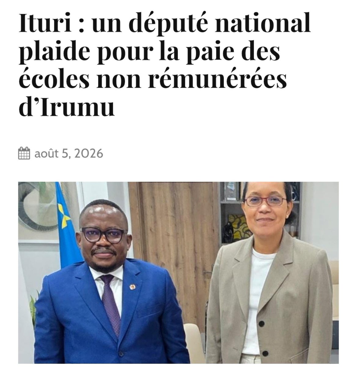 BNongambe's tweet photo. 🔴ITURI🇨🇩: Le Député National Paul BABANGU en première ligne pour renforcer la riposte contre Ebola.

Face à la menace sanitaire en province de l'Ituri, le Député National @babangu1_paul, élu du territoire d'Irumu, passe à l'offensive sans précédent. Avec un pragmatisme de terrain et une détermination constante pour sa base électorale, le Parlementaire exige la régularisation financière et le paiement effectif du personnel des écoles déjà budgétisées.

Pour l'élu d'Irumu, consolider les structures éducatives et sécuriser les conditions de vie des enseignants constitue un levier socio-économique indispensable pour soutenir efficacement la riposte contre le virus Ebola. Un plaidoyer ferme et concret qui démontre, une fois de plus, l'engagement indéfectible d'un représentant dévoué au bien-être de sa population.

@Presidence_RDC @AssembleeNatRDC @julienpalukucom @OlivierDomyBey1