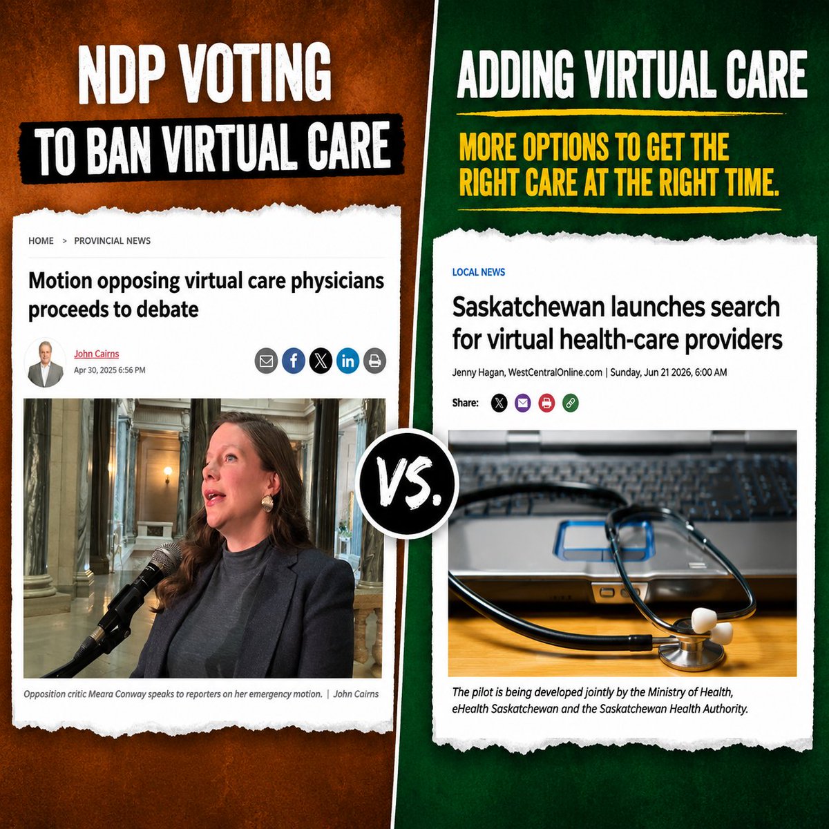 SaskParty's tweet photo. The NDP’s only real skill is saying no.

No to virtual care.

No to record funding for health care.

No to urgent care clinics.

The NDP are wrong on health care and wrong for Saskatchewan. https://t.co/eTtp8VcTPk