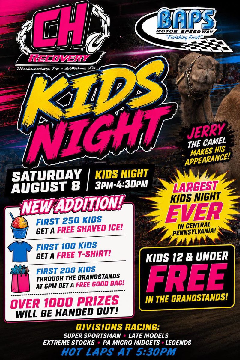 bapsrace's tweet photo. The largest kids night in the northeast!

CH Recovery Kids Night
💥 Saturday August 8

Over 2500 prizes for the kids! 
100 free T-shirts for the kids!
First 200 fans get a goodie bag!
250 Free Snow Cones! https://t.co/GAD8mDsBBs