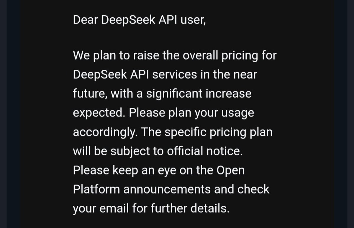 nayanxtwt's tweet photo. @deepseek_ai the trial period of dirt cheap frontier api has finally come to an end :) https://t.co/Xr306igNmb