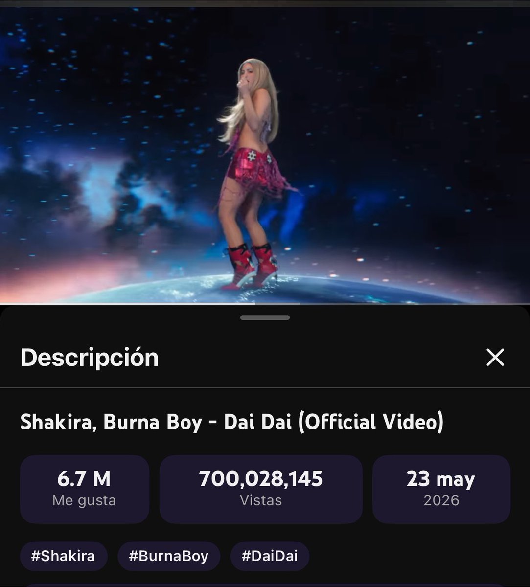 Ender_Etz's tweet photo. Shakira la más grande de todos los tiempos. Logra 700 millones de reproducciones en YouTube con el video oficial de Dai Dai. https://t.co/eMK7typOJf