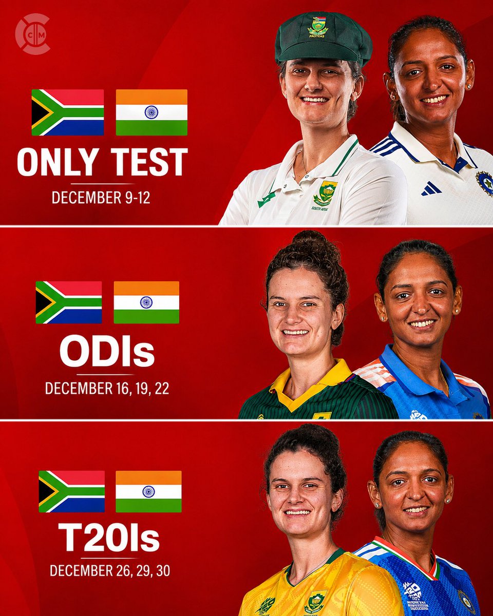 cricketmoodcom's tweet photo. India are set to tour South Africa this December for an exciting multi-format series featuring 1 Test, 3 ODIs, and 3 T20Is. 🇮🇳🏏
.
.
.
#Cricket #TeamIndia #SouthAfrica #INDvSA #WomensCricket https://t.co/jcgLz5YRNm