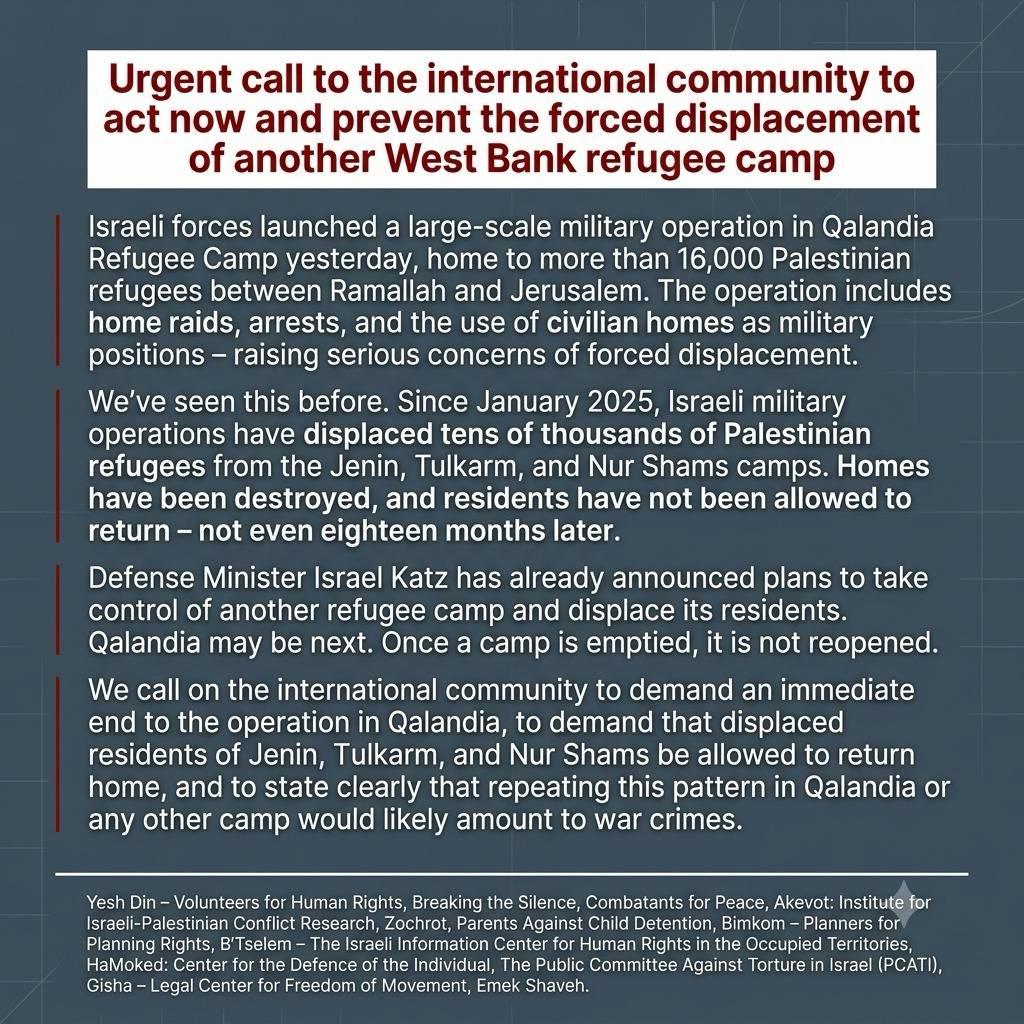 btselem's tweet photo. Urgent call to the international community to act now and prevent the force displacement of another West Bank refugee camp. https://t.co/wWPguKmhz7
