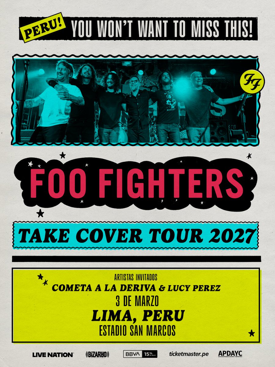 livenationperu's tweet photo. 🤘 🔥 @foofighters llega por primera vez a Lima.​

La legendaria banda liderada por Dave Grohl ofrecerá un concierto el próximo 3 de marzo en el Estadio San Marcos. ​Bandas invitadas: Cometa a la Deriva y Lucy Perez

🎟️ Preventa: 11 de agosto | 10:00 a.m. | @TicketmasterPE 
🎟️ Venta General: 13 de agosto | 10:00 a.m.