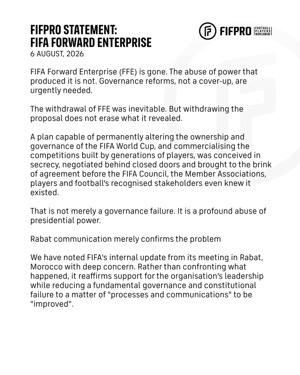FIFPRO's tweet photo. FIFPRO Statement: FIFA Forward Enterprise 

Full statement: https://t.co/Dgr5J5B87h https://t.co/3hApR3w9LN