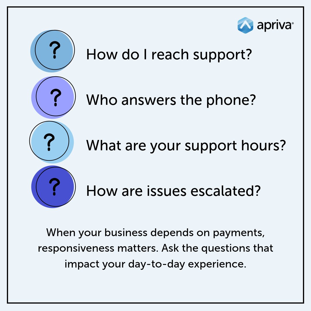 AprivaPayments's tweet photo. Ask these questions. The answers may tell you more than the product itself.

At Apriva, our answer is simple: 24/7 U.S.-based live support with real people on the other end of the phone, backed by a team committed to helping you succeed long after deployment. https://t.co/IycCLZlRun
