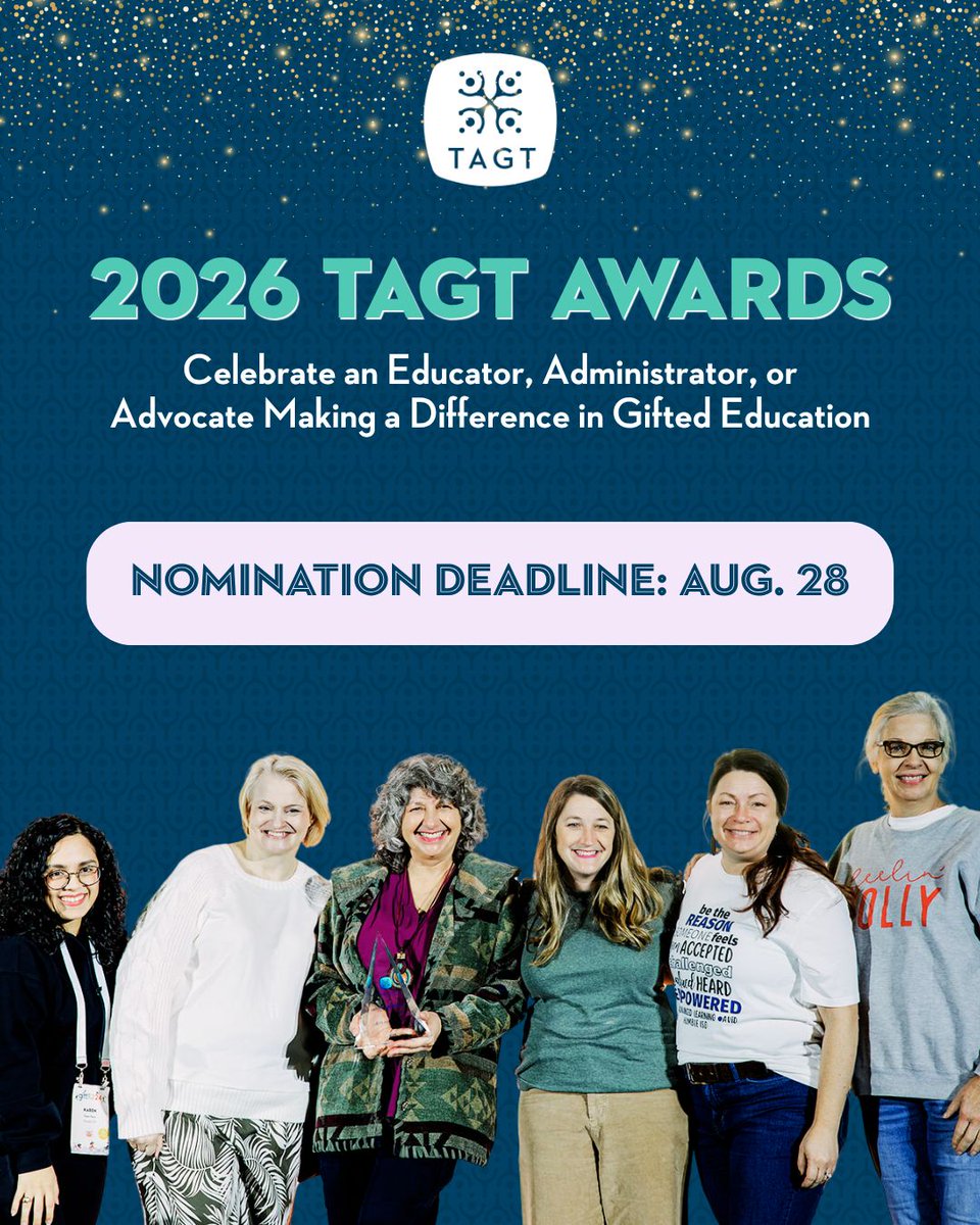 TXGifted's tweet photo. 2026 TAGT Award nominations are now open! Help recognize an outstanding educator, administrator, or advocate whose service, leadership, and commitment are making a difference for gifted learners across Texas. Nominations close August 28. Submit now: https://t.co/1pgHHre6tp https://t.co/B88JNqA01n