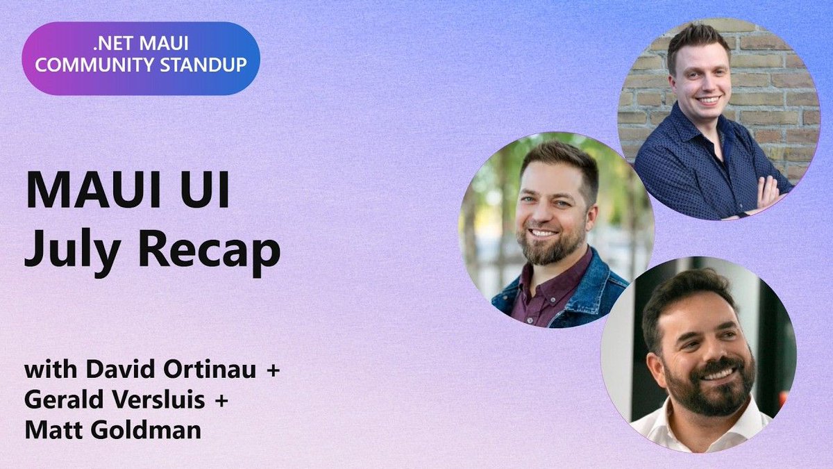 dotnet's tweet photo. ใฐ๏ธ HAPPENING TODAY at 12PM PT ใฐ๏ธ
.NET MAUI Community Standup: MAUI UI July Recap
Join us for July's recap as we look back at the highlights, community contributions, latest updates, improvements, and whatโs next for #dotNETMAUI.
See you live HERE โก๏ธ https://t.co/A62c6vYbQ8 https://t.co/dJqUPWR1lL