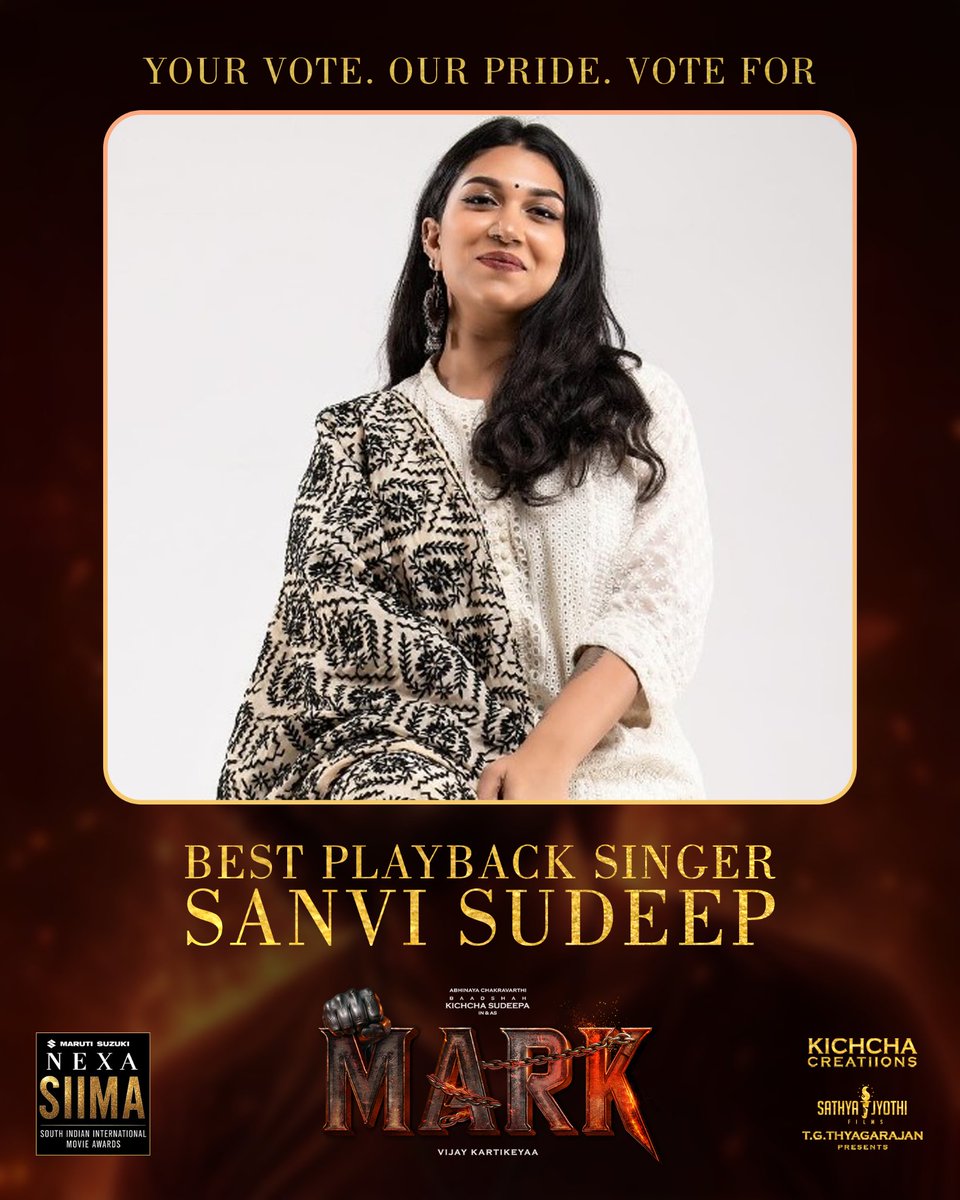 SathyaJyothi's tweet photo. You've streamed the song. You've loved the voice. Now it's time to vote. ❤️

 A voice that made #MasthMalaika unforgettable. ✨

Vote for Sanvi Sudeep @iamsanvisudeep for Best Playback Singer at SIIMA for #MasthMalaika from #MARK 🏆💛

@KicchaSudeep #VijayKartikeyaa @AJANEESHB  @Kichchacreatiin @saregamasouth