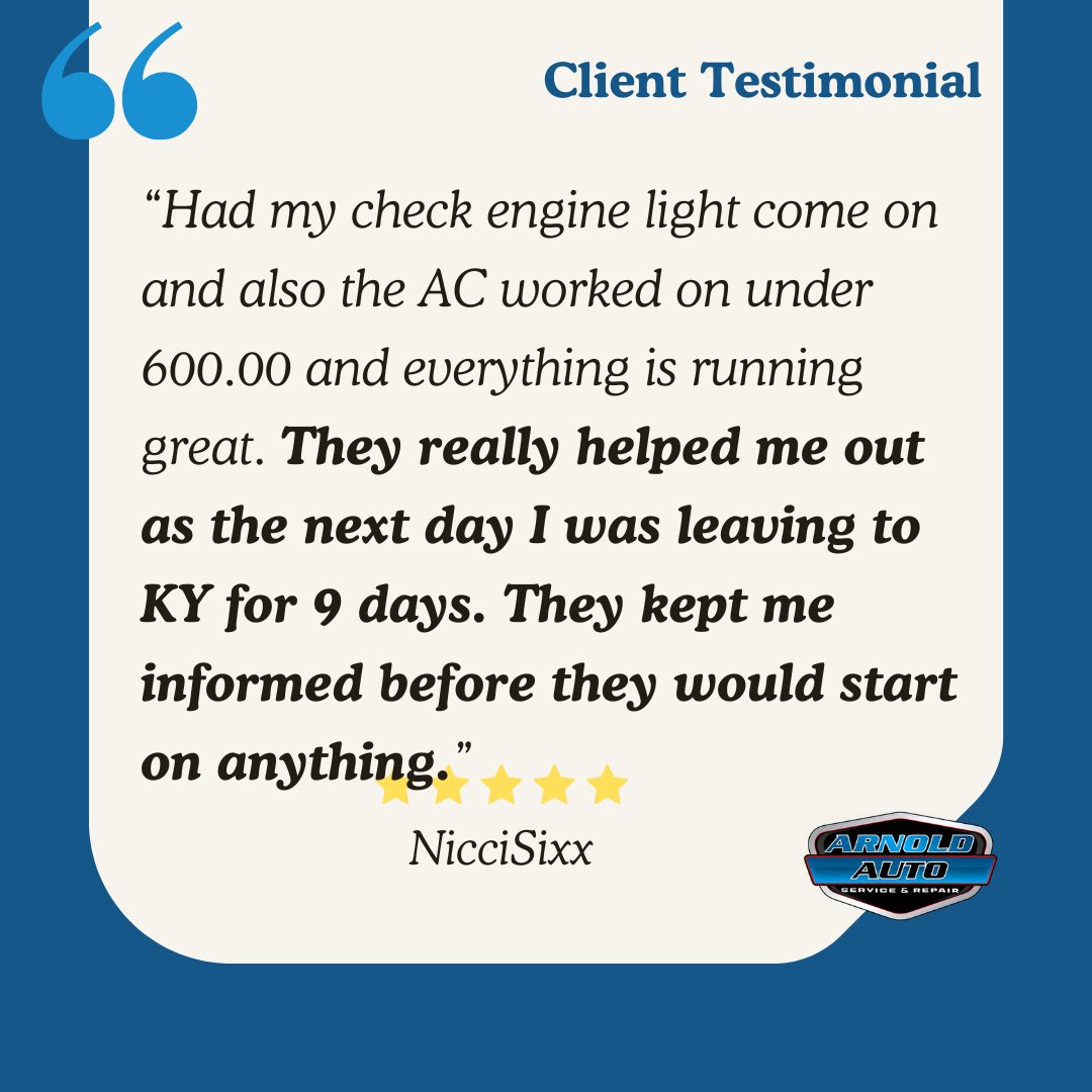 arnoldautorepar's tweet photo. Thank you, NicciSixx! Glad we fixed your AC and check engine light before your KY trip. 🚗❄️ 

 #ArnoldAutoRepair #OgdenUT #Fyp #TrendingNow #ExploreMore https://t.co/YeELO64RB5