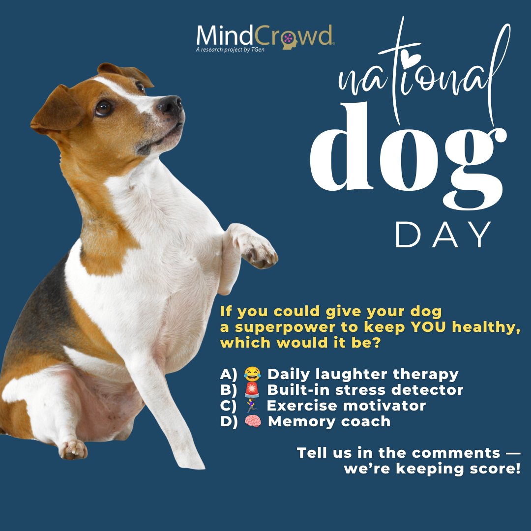 TGenMINDCROWD's tweet photo. Dogs boost your mood, reduce daily stress, and actively improve long-term brain health! 🐶❤️
Our furry companions are natural wellness heroes, and we want to know which ultimate superpower you would unlock for your pet.
Check out the options in our graphic and drop your letter in the comments below - we're keeping score! 📊🐕

#NationalDogDay #FurryFriends #BrainHealth #MindCrowd #DogLovers #InteractivePost