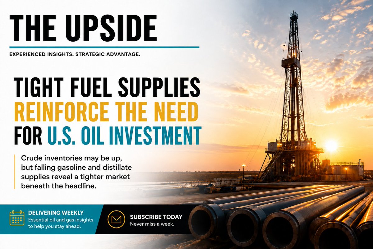 TheJayYoungShow's tweet photo. A crude inventory build doesn’t tell the whole story.
This week’s The Upside dives into shrinking gasoline and distillate supplies—and what they reveal about demand and the need for continued U.S. oil investment.
Read more: https://t.co/VzJ77CCdOJ
#TheUpside #OilAndGas https://t.co/orjxXH7CdR