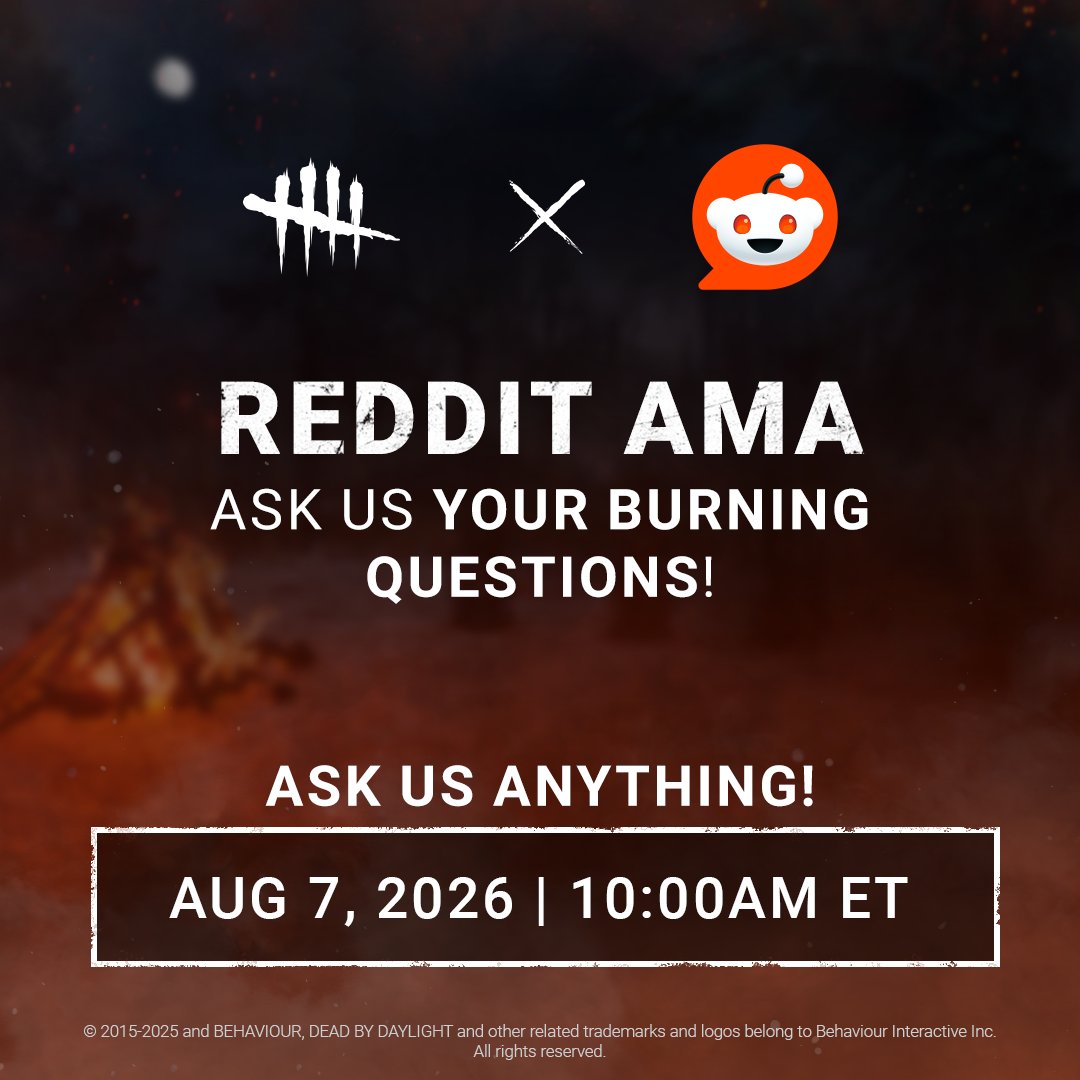 DeadbyDaylight's tweet photo. ❓ Got questions about the Game, Cosmetics, or anything else in The Entity's Realm?

Now's the time to ask on r/deadbydaylight during our Ask Me Anything. We will start answering your questions at 10am ET on August 7th!

🔗 https://t.co/neVmJI1YeN https://t.co/0f5S3wDf9e