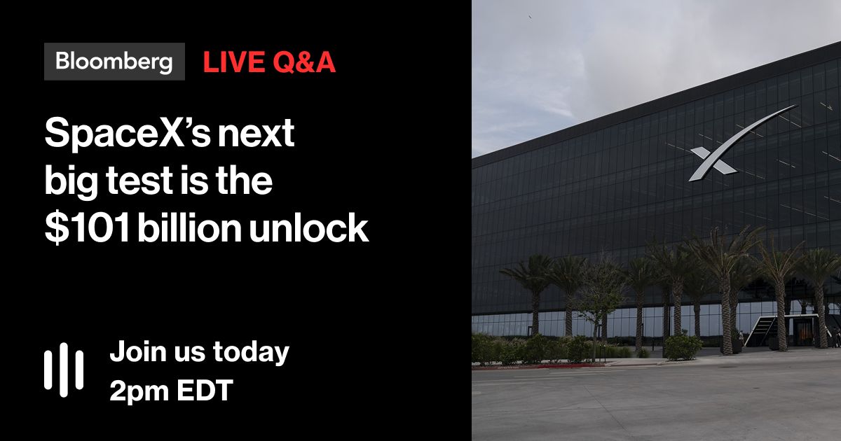 business's tweet photo. SpaceX's first earnings report is in the books — but Wall Street's attention has now shifted to the unprecedented $101 billion unlock. Bloomberg's @EdLudlow @ArroyoNieto @BTLipschultz @KelceeGriffis answer your questions in a Live Q&A today at 2 p.m. EDT. Stream: https://t.co/SxD7fJv6x4