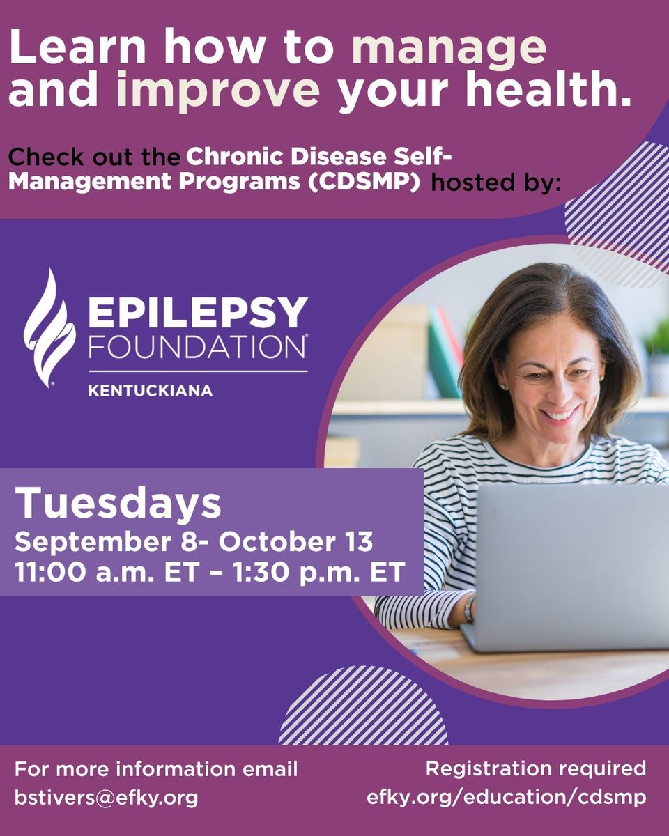 EpilepsyFdn's tweet photo. CDSMP is a free virtual workshop for adults living with chronic conditions, including epilepsy. The upcoming session, starting Tuesday, September 8, is open to adults 18 years and older nationwide. For questions or info, email bstivers@efky.org. Register: https://t.co/iSK37idI9C https://t.co/YqeWjb05tW