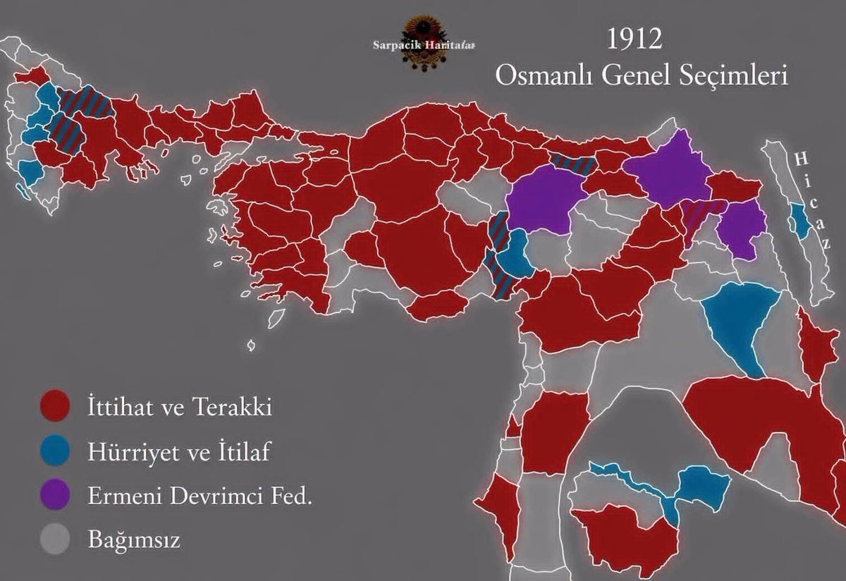 uluhkan2's tweet photo. 1912 OSMANLI genel seçimleri haritası..

osmanlı’da siyasi parti sayısı: 12

NEDEN : 1923-1950 TÜRKİYE’sinde siyasi parti sayısı: 1

seçme ve seçilme hakkı ve padişaha kul olmaktan kurtulma vs. zırvalarına ASLA  inanmayın..

KAYITSIZ ŞARTSIZ CHP’ye kul olunan 1923-1950 arası TÜRKİYE, şimdiki Kuzey Kore’den daha beterdi..