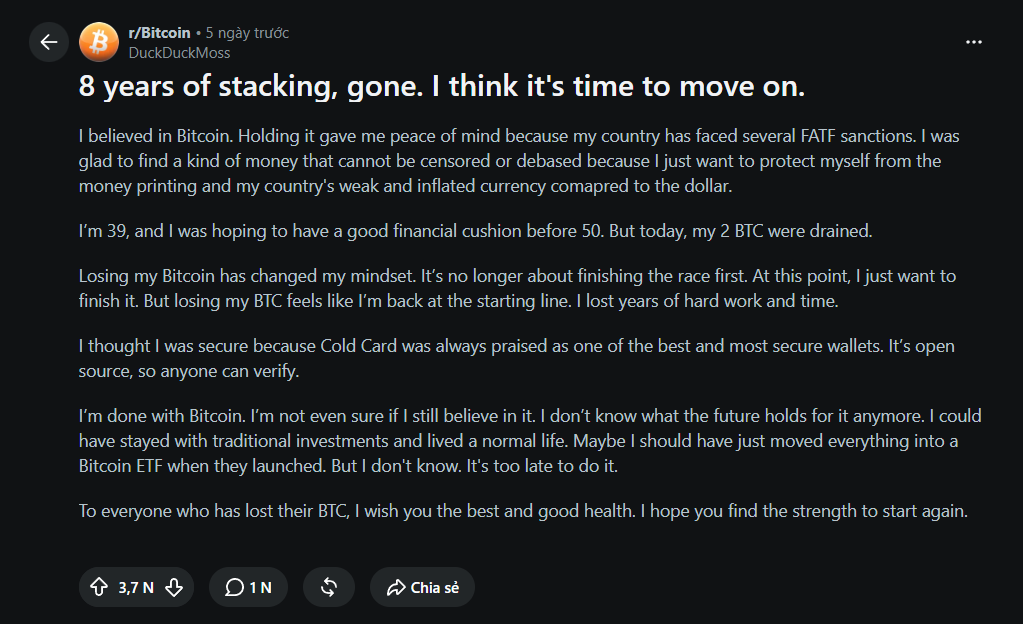 byKairox's tweet photo. Eight years of stacking. 2 BTC gone in a single day.

A flaw in Coldcard’s seed generation reportedly allowed attackers to reproduce vulnerable keys offline and drain wallets without touching the devices.

Three suspected attack waves have been linked to 1,367 BTC stolen from 4,585 addresses, worth nearly $89 million.

Cold storage is only as secure as the randomness behind the seed.