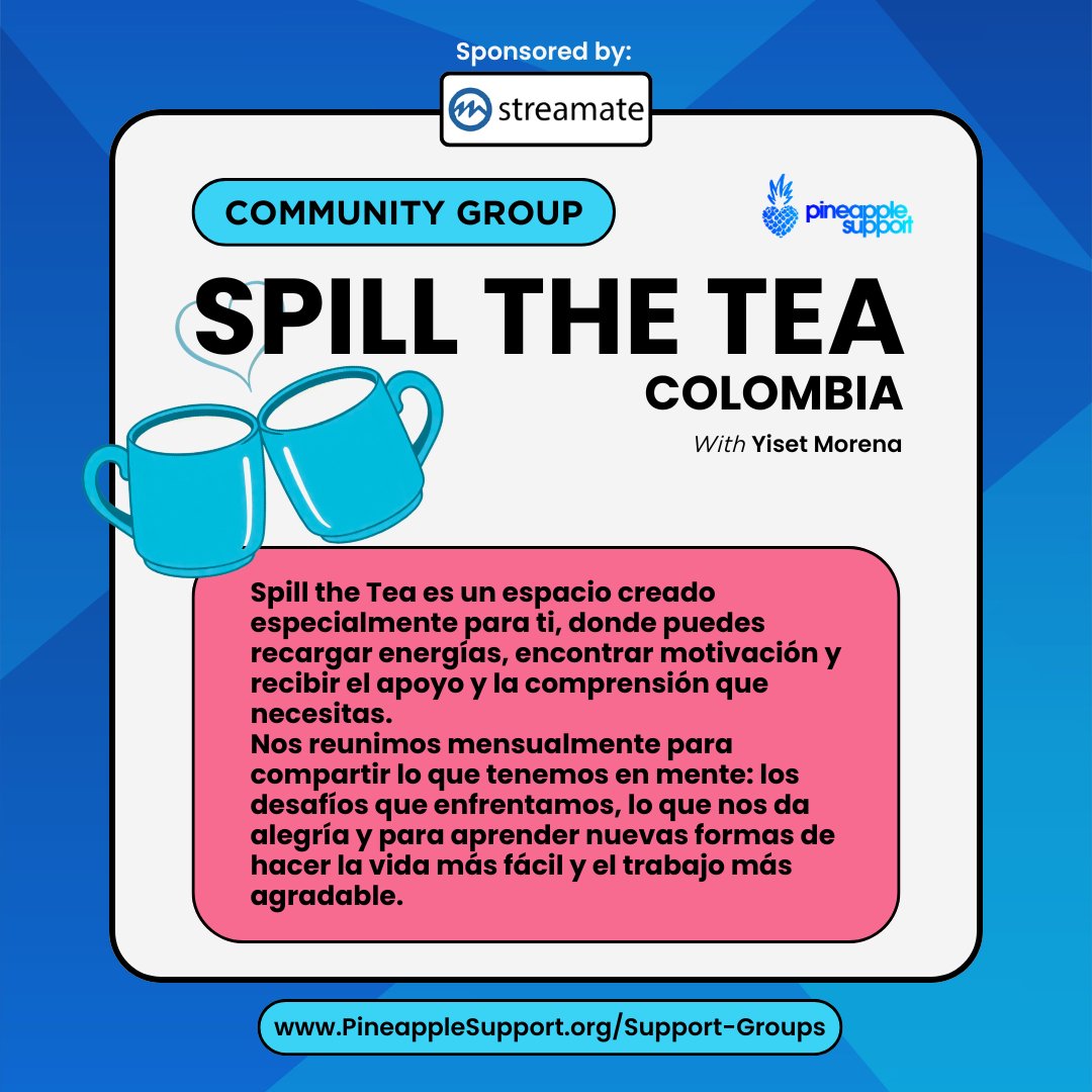 PineappleYSW's tweet photo. ☕ Spill the Tea Colombia regresa el 26 de agosto. Un espacio mensual para recargar energías, compartir experiencias y conectar con tu comunidad, sin juicios.

Únete: https://t.co/VOXa80Y29G

Sponsored by @StreamateModels https://t.co/qrumH0UtzH