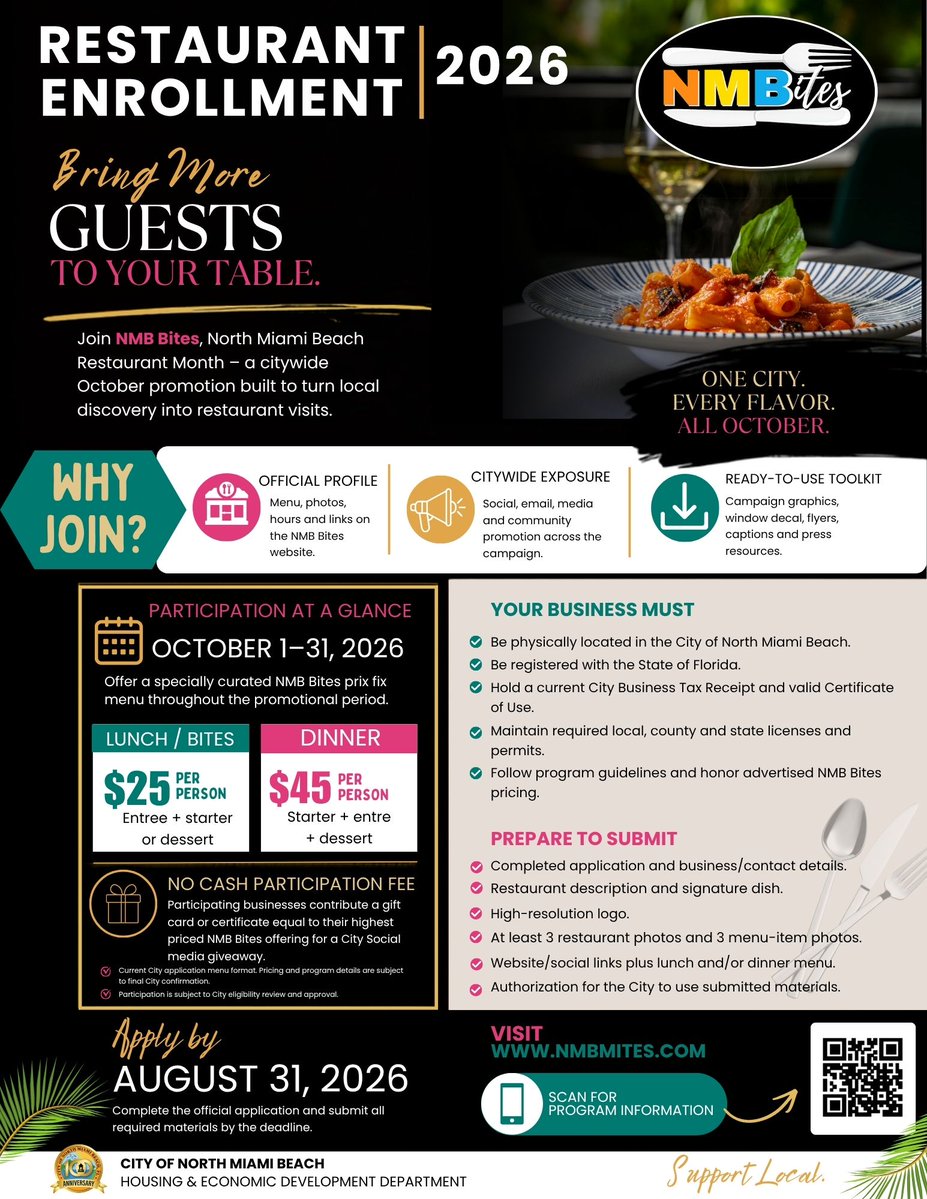 CityNMB's tweet photo. Calling all North Miami Beach restaurants! 🍽️ Join NMB Bites Restaurant Month this October. No participation fee, citywide promotion, and a chance to showcase your signature dishes. Apply by Aug. 31: https://t.co/SoTD2p1pBO #NMBBites https://t.co/vu4QzZvGpK