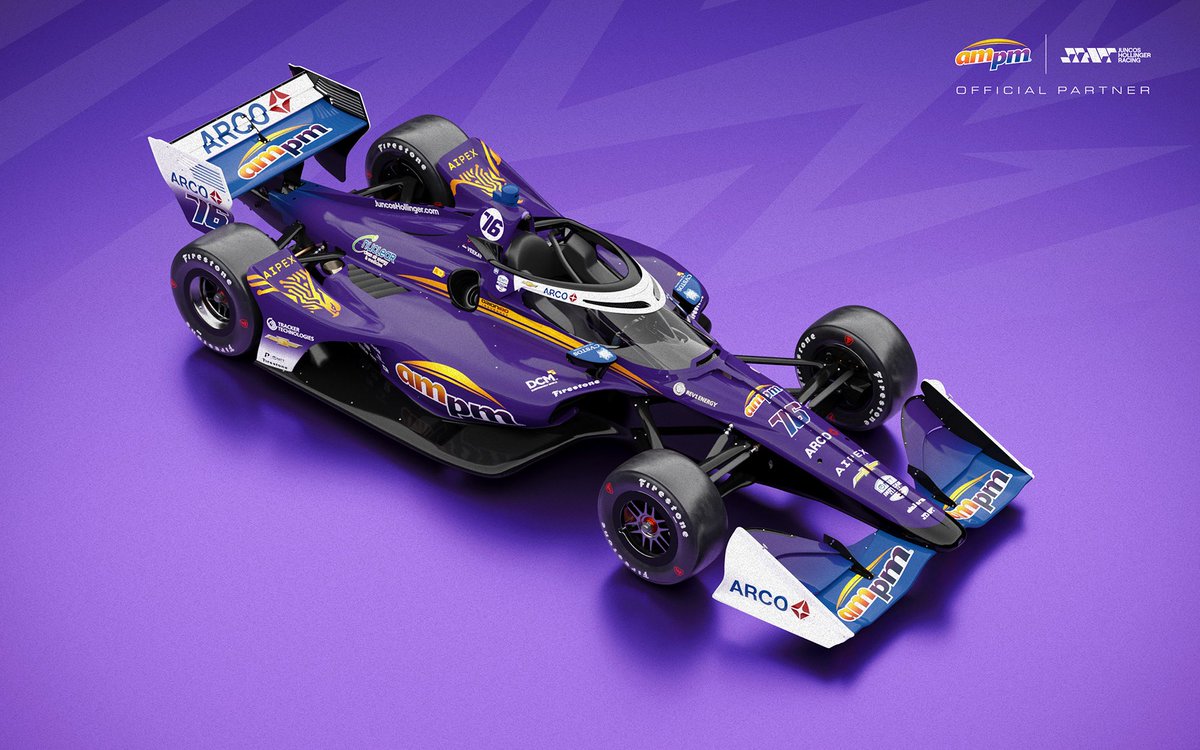 juncoshollinger's tweet photo. Guess who’s back? 👀💜🟠

Meet the new colors of the No. 76. 

The @ampm livery is ready to take on Portland. See you on track 👋🏻

#GoJHR #INDYCAR https://t.co/36jmKchPrh
