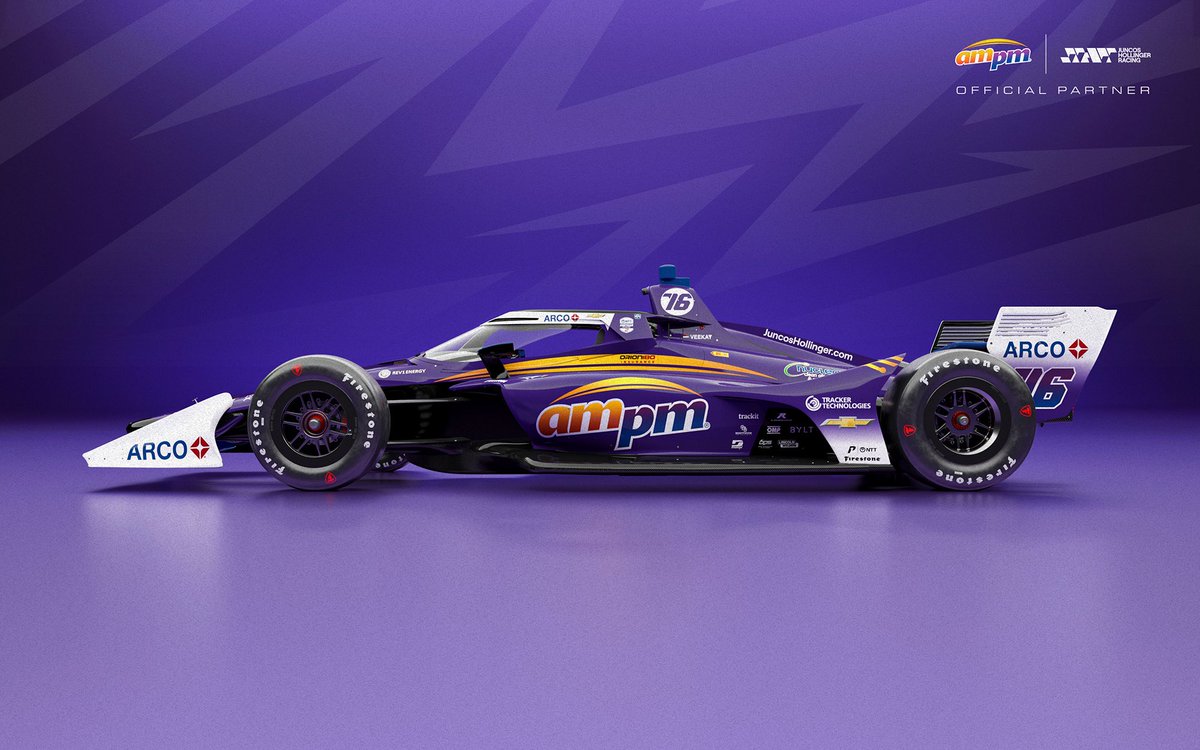juncoshollinger's tweet photo. Guess who’s back? 👀💜🟠

Meet the new colors of the No. 76. 

The @ampm livery is ready to take on Portland. See you on track 👋🏻

#GoJHR #INDYCAR https://t.co/36jmKchPrh
