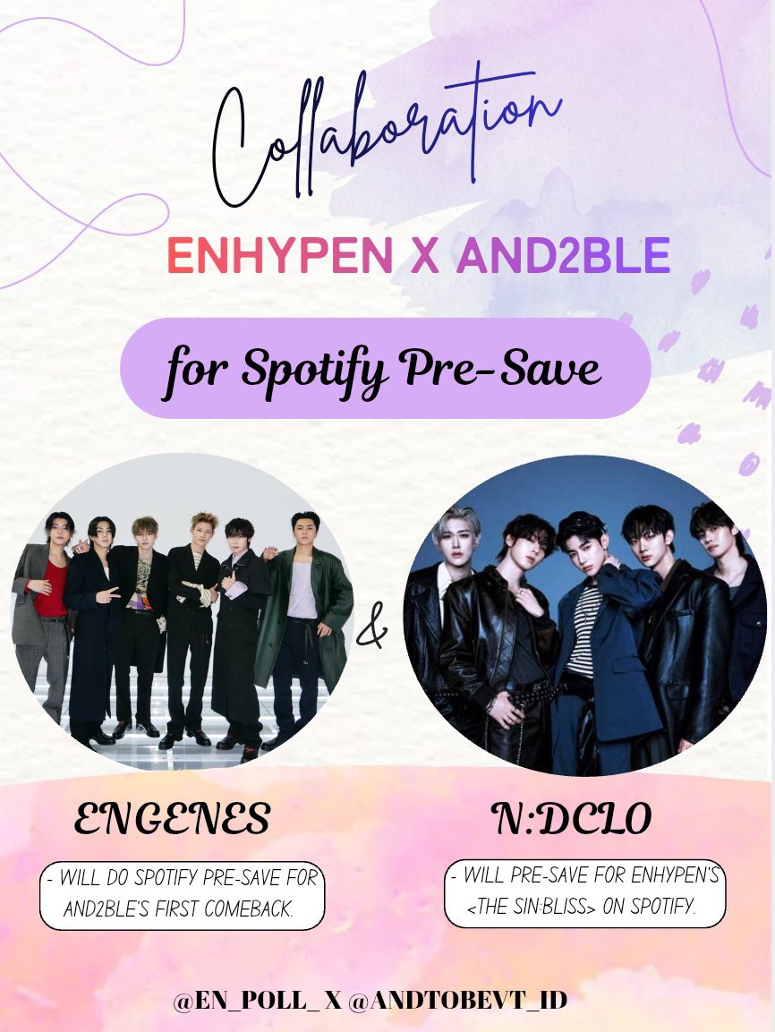 EN_POLL_'s tweet photo. — 𝙎𝙋𝙊𝙏𝙄𝙁𝙔 𝘾𝙊𝙇𝙇𝘼𝘽𝙊𝙍𝘼𝙏𝙄𝙊𝙉 📢

We are pleased to accept the offer of @ANDTOBEVT_ID 🤝

🩶 N:DCLO → Pre-Save ENHYPEN’s upcoming album, <𝙏𝙃𝙀 𝙎𝙄𝙉: 𝘽𝙇𝙄𝙎𝙎> on Spotify ❤️‍🔥

🩵 ENGENES → will return the amount of their Pre-Saves for AND2BLE’s 1st comeback 💯 https://t.co/vBIaSa0yrT