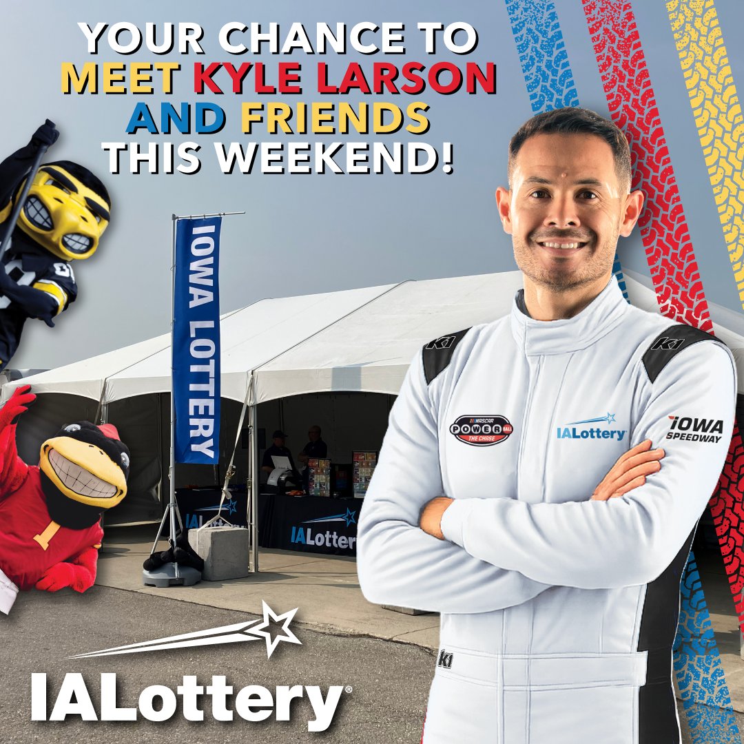 ialottery's tweet photo. Headed to  @iowaspeedway  this weekend? Come visit us just outside the Newton Club Suite Tower! We'll have some special guests:

• Meet Herky™ on Saturday at 1:30 p.m.
• Meet @KyleLarsonRacin on Sunday at 11 a.m.
• Meet Cy™ on Sunday at noon

See you there! https://t.co/nt4F7QkA8j