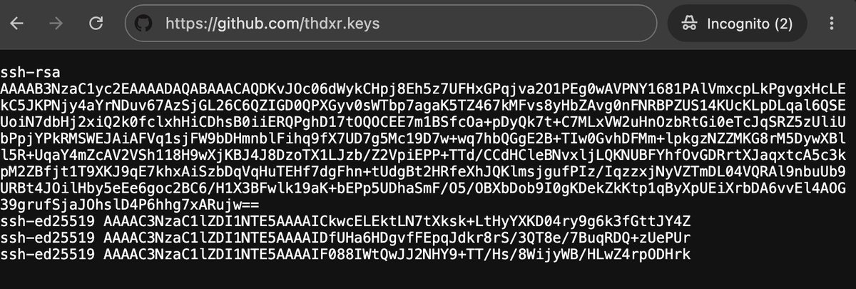samhogan's tweet photo. Fun fact: GitHub exposes pub keys at github .com/${username}.keys https://t.co/H7GFYgkCjq