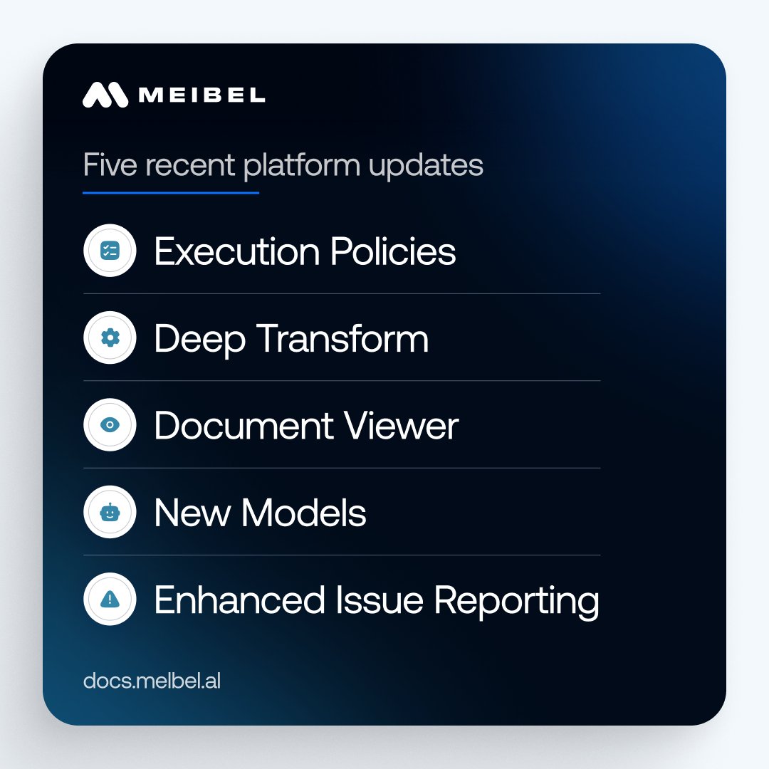 meibel_ai's tweet photo. Five recent updates shipped on Meibel.

The common thread is tighter control over what enters the workflow, what an agent session can reach, and how each result traces back to its source.

→ Execution Policies
Enforce access at the platform layer. Filter tables and rows, scope documents, disable tools, and pin parameters without creating a separate agent for every customer.
🔗: https://t.co/JKbNLyvunE

→ Deep Transform
Define a JSON Schema and get structured output with provenance attached to every value, whether the source is three pages or 1,500.
🔗: https://t.co/opFOiRE6bS

→ Document Viewer
Review the source and extraction side by side, with the exact page region behind each value.

→ New Models
Fable 5 and Sonnet 5 are live. Kimi K3, GLM 5.2, DeepSeek V4 Flash, DeepSeek V4 Pro, and gpt-oss are next.

→ Enhanced Issue Reporting
Report failures with categorized options and automatically capture the relevant agent or data source identifiers.

The result is one agent definition with narrower per-session access, structured document outputs with source-level provenance, and a review path tied to the exact input behind each value.

Learn more: https://t.co/P1fi8lI4VX

P.S. Our team is at Ai4 in Las Vegas right now, happy to walk through any of this in person if you're on the floor.