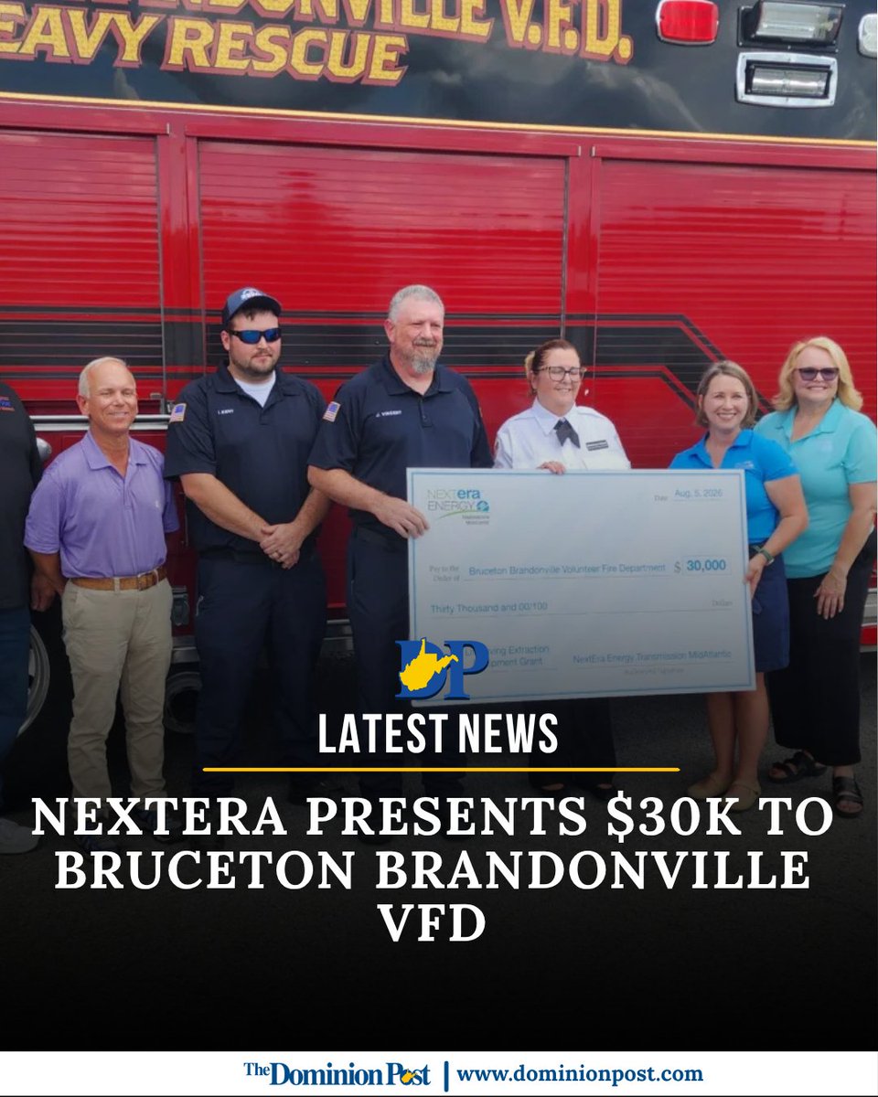 DominionPostWV's tweet photo. NextEra presents $30K to Bruceton Brandonville VFD

By David Beard 🖋️

🔗READ MORE: https://t.co/lAwt6V28gY https://t.co/qVoJRcUoj9