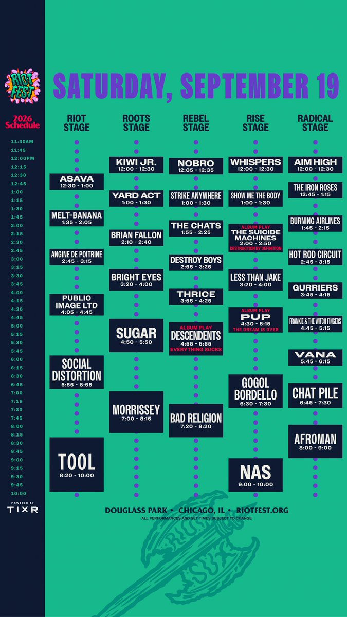 Q101Chicago's tweet photo. Your 2026 Riot Fest schedule is here! https://t.co/fUQbJAi6Pq