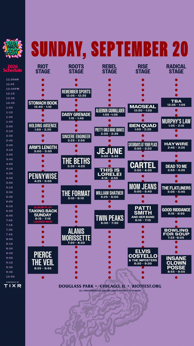 Q101Chicago's tweet photo. Your 2026 Riot Fest schedule is here! https://t.co/fUQbJAi6Pq