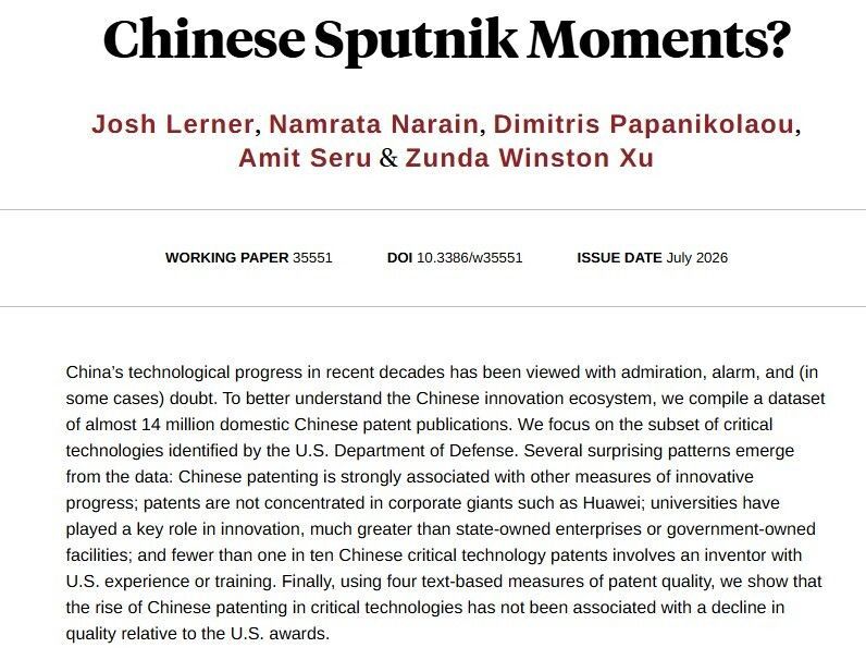 nberpubs's tweet photo. Chinese patenting reflects innovative progress, isn’t concentrated in corporate giants, relies heavily on universities, and isn’t driven by inventors with US experience/training, from Josh Lerner, @nummoose, @DimitrisPapan20, Amit Seru, and Zunda Winston Xu https://t.co/wrgDT2SMfY