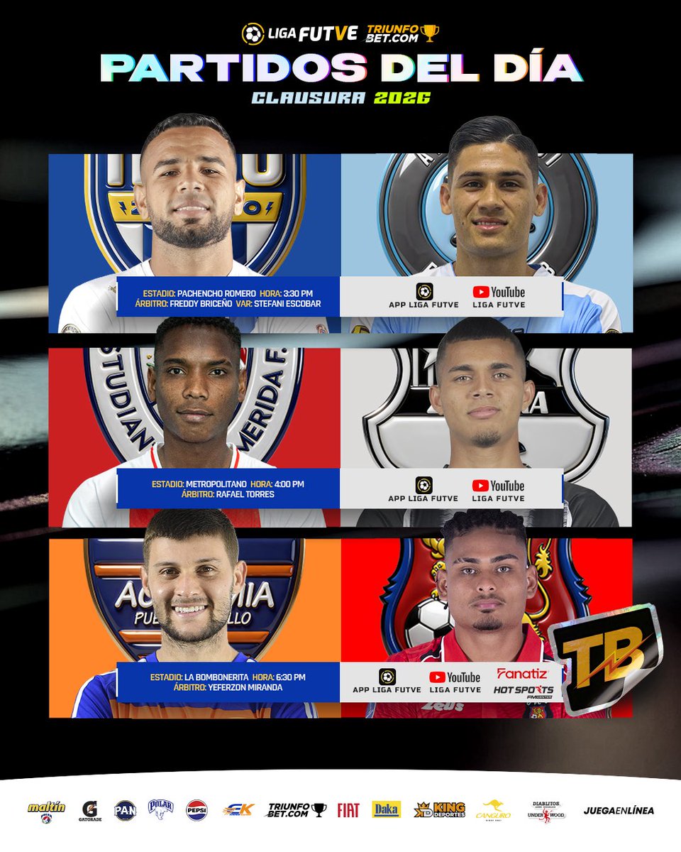 LigaFUTVE's tweet photo. 😉 • Se cierra la Jornada 2 del Torneo Clausura con una triple tanda de partidos 

🤩 • Tendremos fútbol en Maracaibo, Mérida y Puerto Cabello

#LigaFUTVETriunfobet https://t.co/2Vym9F9Z3m