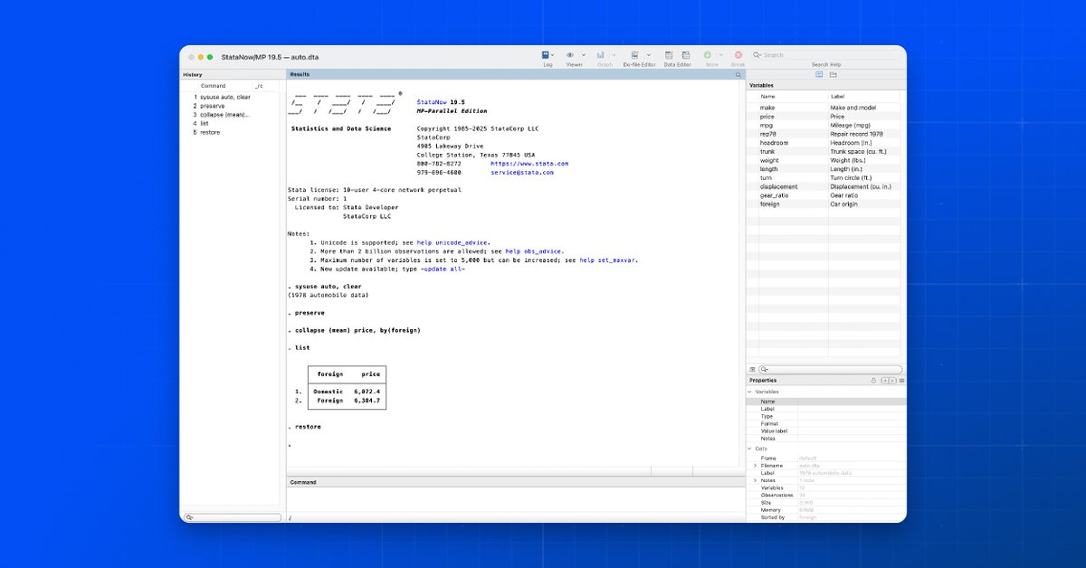 Stata_fr's tweet photo. Astuce rapide : Besoin de modifier temporairement vos données puis de revenir en toute sécurité à votre jeu de données d'origine ? Utilisez 𝗽𝗿𝗲𝘀𝗲𝗿𝘃𝗲 et 𝗿𝗲𝘀𝘁𝗼𝗿𝗲.

En savoir plus : https://t.co/jQs6OYYKt8 https://t.co/kTv5SuLzNb