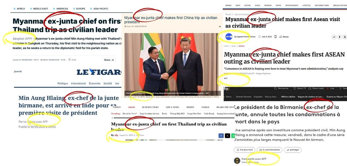 InfoBirmanie's tweet photo. Non @AFP ! MAL n’est pas « l’ex-chef » de la junte birmane
Son auto-labellisation, à la suite d'une farce électorale, en « président », bien que illégitime, n’est techniquement pas fausse,MAL reste bien le chef de la junte
Un changement de tenue, pas de pouvoir 🧶
#AvecToiMyanmar https://t.co/YxOJbk1ZCX
