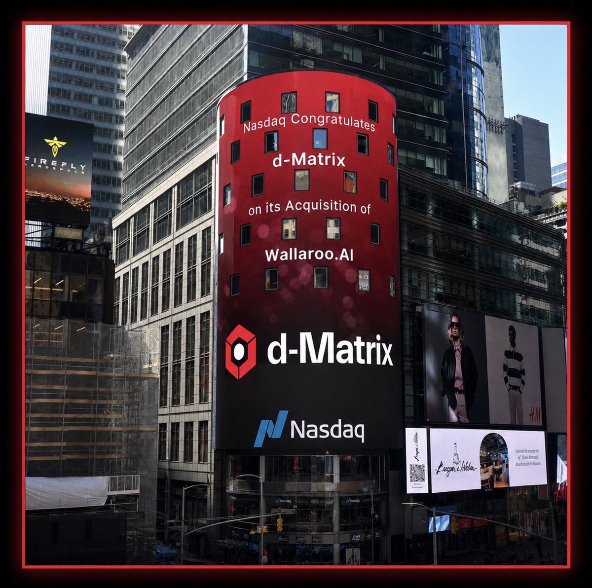 dMatrix_AI's tweet photo. A milestone worth celebrating.

Thank you, @Nasdaq, for recognizing d-Matrix’s acquisition of @WallarooAI on the Nasdaq Tower in Times Square.

We’re excited about what’s ahead as we help customers move AI from models to production at scale.

#AI #Inference #EnterpriseAI #dMatrix https://t.co/dAUsSgOFss