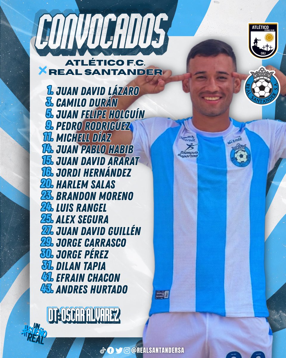 RealsantanderSA's tweet photo. Ellos son los 18 Guerreros elegidos por nuestro DT Óscar Álvarez para afrontar la fecha 3 del Torneo BetPlay.

En el Pascual Guerrero 🏟, defenderemos la albiceleste con carácter, unión y corazón, en este nuevo inicio de temporada frente a Atlético.

#UnSueñoReal
🩵🤍⚽ https://t.co/tq4Sh201Jv