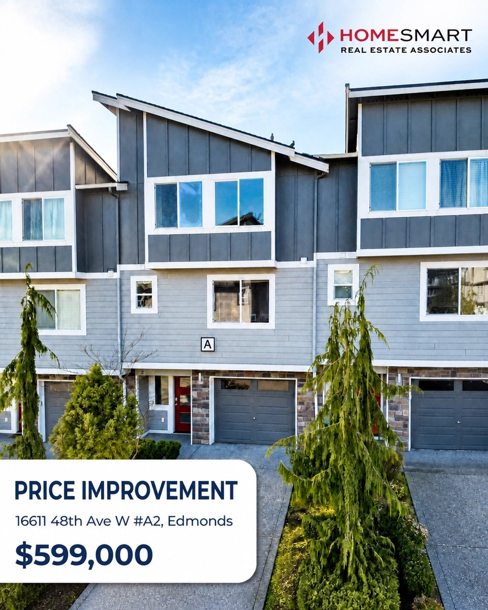 jstricevich's tweet photo. Price Improvement! 📉🏠 16611 48th Ave W #A2, Edmonds. Now offered at $599,000! ✨ 3 Bed | 2.5 Bath | 1,816 sq ft. Modern kitchen, private yard & oversized garage. DM for a tour! 📲 #Edmonds #PriceImprovement https://t.co/yNq4EghDOG
