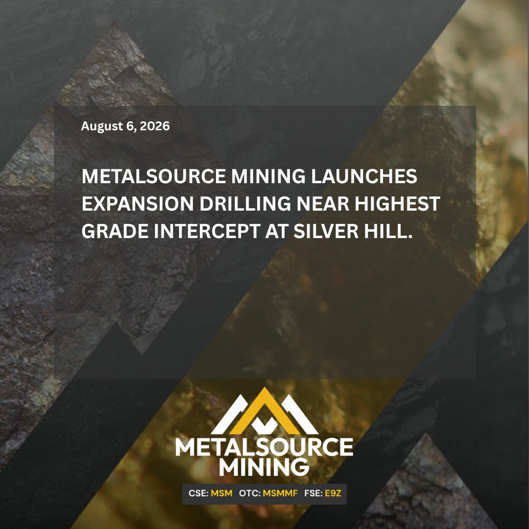 Metalsource_inc's tweet photo. MetalSource Mining has launched the next phase of expansion drilling at the Silver Hill Project in North Carolina, focused on the area surrounding Hole SH26-07, the highest-grade intercept reported by the Company to date.

SH26-07 returned:

12.62 metres grading 3,786 g/t AgEq
Including 6.95 metres grading 6,730 g/t AgEq
Including 2.74 metres grading 16,604 g/t AgEq, highlighted by 209.1 g/t gold

The new program will target strike, down-plunge and depth extensions of this exceptional polymetallic mineralization as MetalSource continues advancing Silver Hill toward an inaugural mineral resource estimate targeted for early 2027.

At the same time, the Company's second drill rig is preparing to evaluate newly identified district-scale exploration targets generated through the recent IP survey.

This marks another important step in the evolution of Silver Hill: expanding the known high-grade system while beginning to test the broader district opportunity.

America's First Silver Mine. Modern Exploration. Historic Opportunity.

Full release: https://t.co/vC897rwD7U

CSE: $MSM | OTCQB: $MSMMF | Frankfurt: E9Z

#mining #silver #gold #exploration #NorthCarolina #criticalminerals
