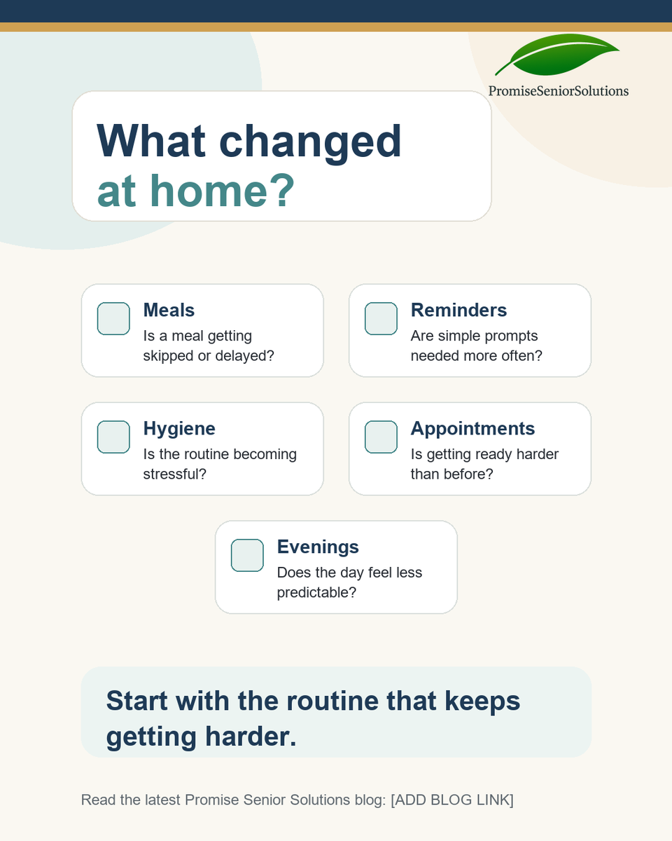 pss_cares's tweet photo. The first sign is not always a crisis. Sometimes it is one routine that keeps getting harder.

The new Promise Senior Solutions blog explains a practical first step for families noticing memory-related changes at home.

Read: https://t.co/UABW9ORWSN https://t.co/slbd49bwIm