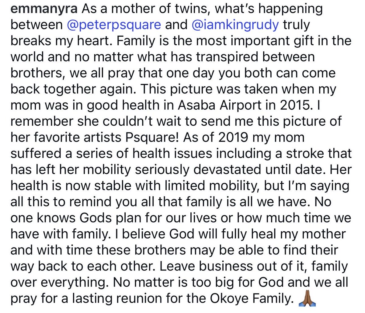 OneJoblessBoy's tweet photo. 🗣️ Emma Nyra sends a message to P-Square’s Peter and Paul Okoye amid the ongoing family dispute:

“Leave business out of it, family over everything. No matter is too big for God and we all pray for a lasting reunion for the Okoye family.” https://t.co/QT4SgeSEfz
