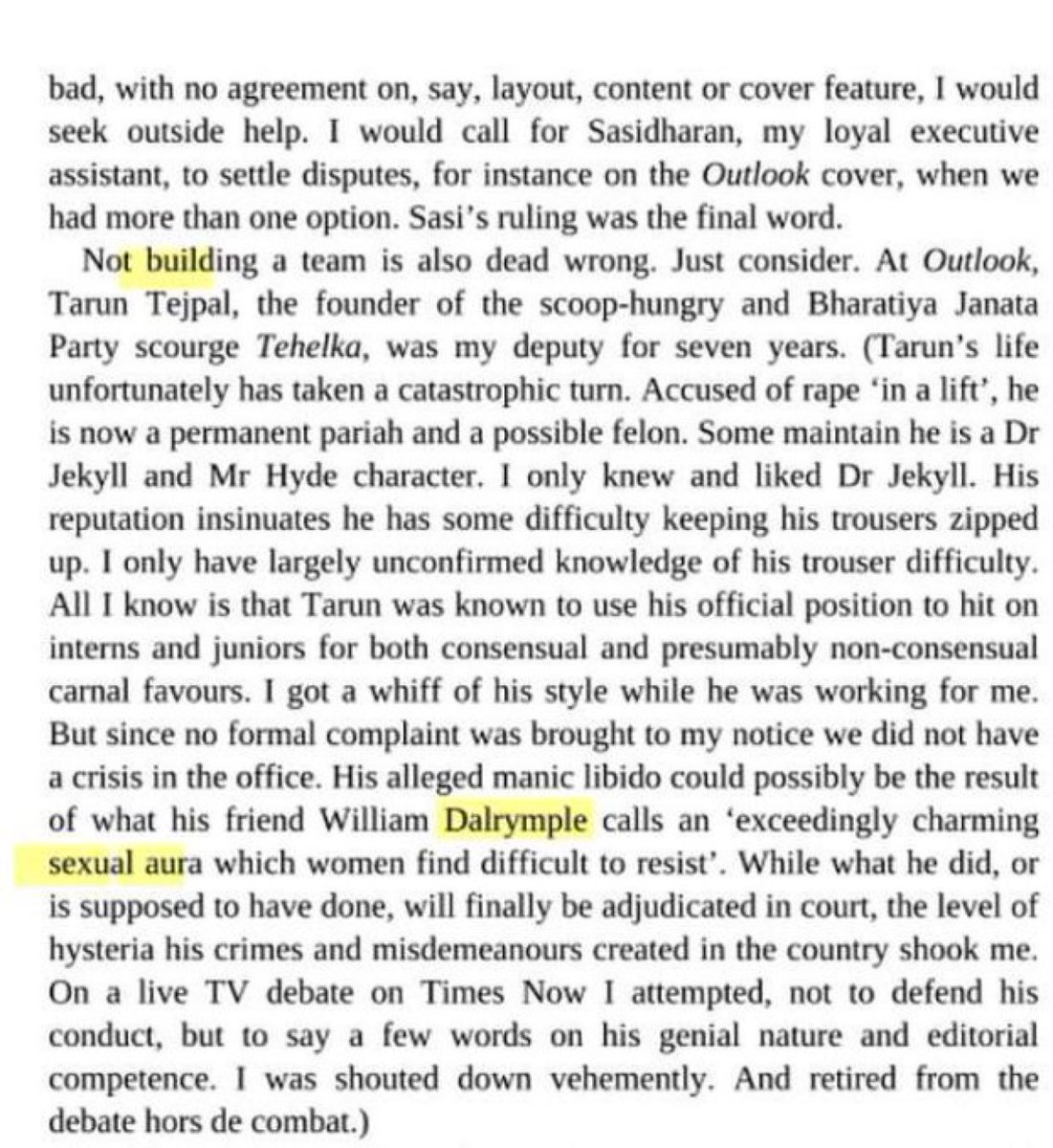 ShefVaidya's tweet photo. Was this the old drunkard Vinod Mehta defending his friend r@pist Tarun Tejpal? So ‘using official position for consensual and non-consensual carnal favours’ is ‘style’ and ‘exceedingly charming sexual aura’ according to the Lutyens old farts? https://t.co/GHqgpH1L9E