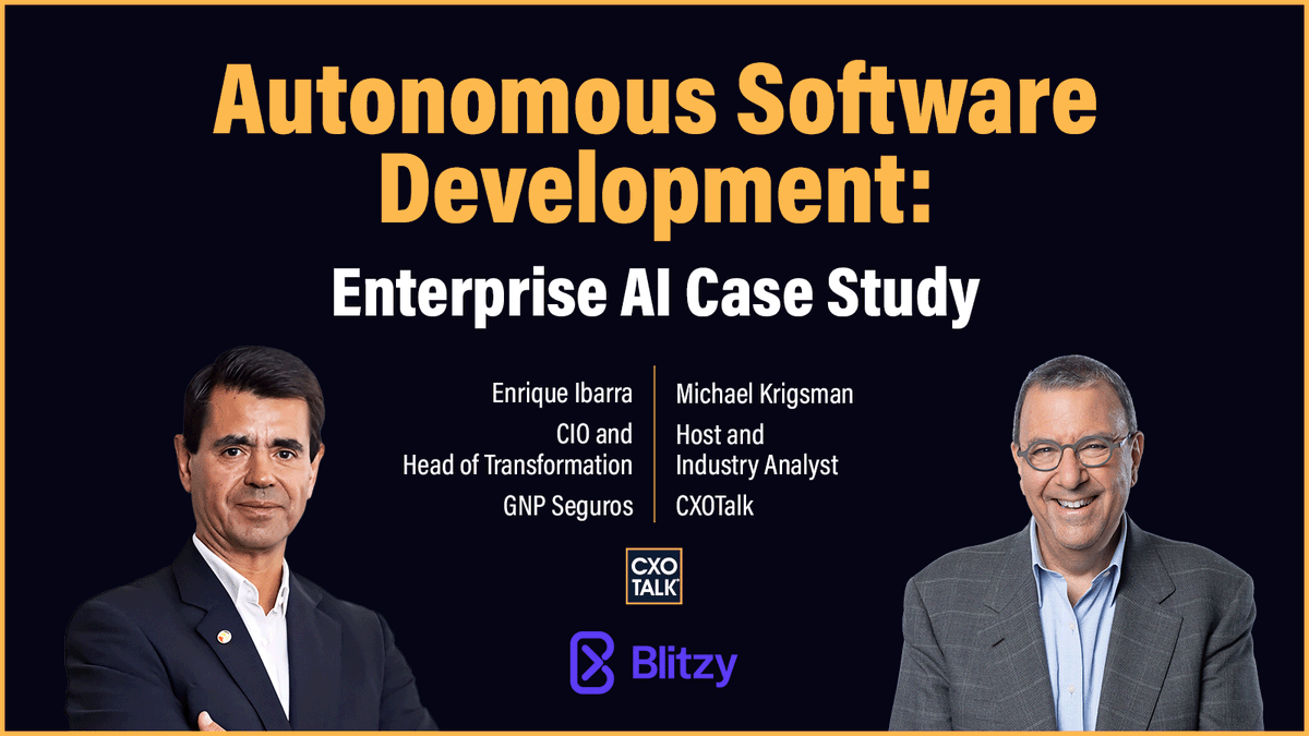 cxotalk's tweet photo. GOAL OF PILOT (1:2)
Test an AI software development platform using 4 use cases:
1. Migrate backend from Java 8 to 21
2. Migrate frontend from old version of Angular to current
-- Enrique Ibarra, #CIO, @GNPSeguros
https://t.co/evdc1OKky0
#CXOTalk #Bitzy
#AI #SoftwareDevelopment https://t.co/tcmf12RP6O