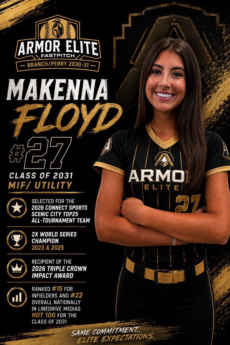 AEPBranchPerry's tweet photo. Welcome Back, Makenna Floyd! 🖤💛

We’re excited to welcome Makenna Floyd (#27) back to the Armor Elite Premier Branch/Perry family!

A Class of 2031 MIF/Utility player, Makenna is the type of athlete every coach hopes to have on their roster. Her versatility allows her to make an impact anywhere on the field, but it’s her leadership, work ethic, and character that truly set her apart. She represents everything our program stands for.

We’re proud to have such an incredible young woman back in the black and gold! 🖤💛🥎

@toppreps @armorelitefp @d1softball
@linedsoftball @gatorjack72 @softbalamerica @usasoftballrec @extrainningSB @fastpitchwatch @prepsoftball @d1fastpitch1  @TOP_D1recruits @SBRRetweets @CoastRecruitsSB @softballdown