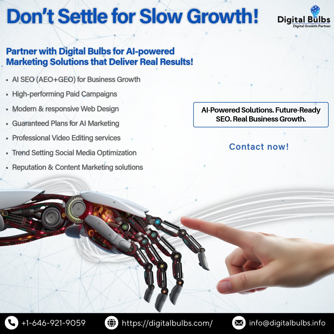 DigitalBulbs's tweet photo. Increase your business online! We offer AI driven solutions. Partner with us for AI SEO (AEO+GEO). Digital Bulbs offers online marketing services including social media marketing, video &amp; reel editing. Call at +1.646.921.9059 or +91.828.756.5001 #AIMarketing #AISEO #AEO #GEO https://t.co/ZQPRfRqtSe