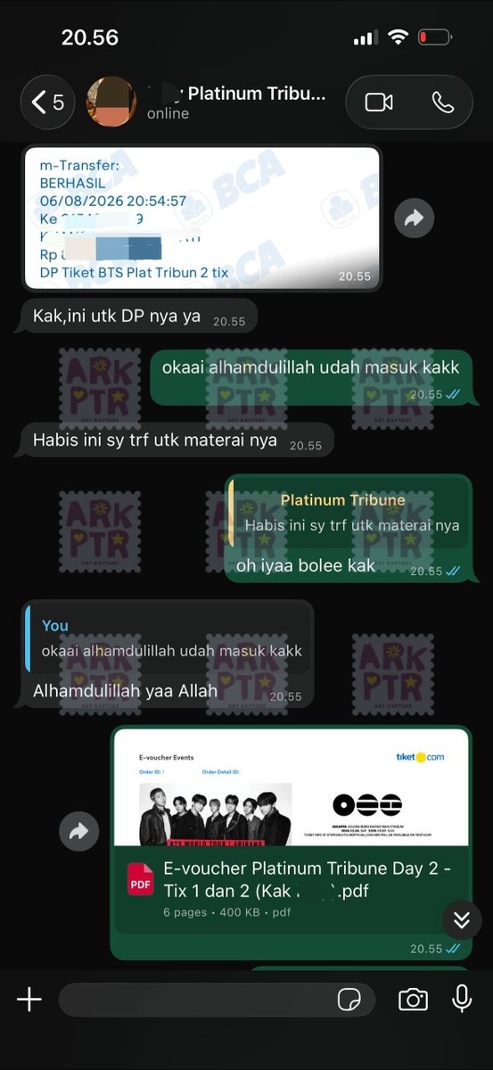 ArtKapture's tweet photo. Tiket BTS Jakarta Platinum Tribune Day 2 (2 tix). Alhamdulillah ketemu buyer satset walaupun jarak jauh sambil vidcall dan langsung DP 💜 https://t.co/PoHVOUZmI5